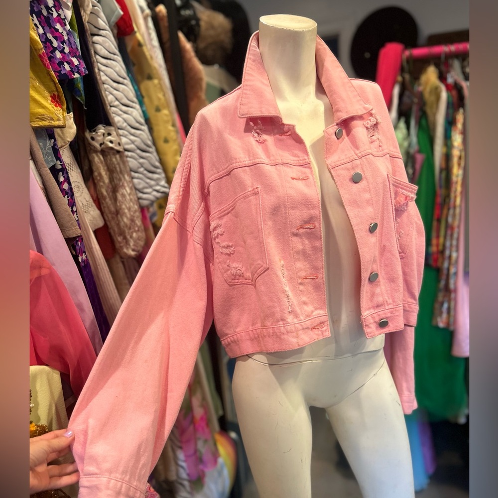 Pink Diamond Fringe Distressed Denim Jacket - Picture 3 of 16